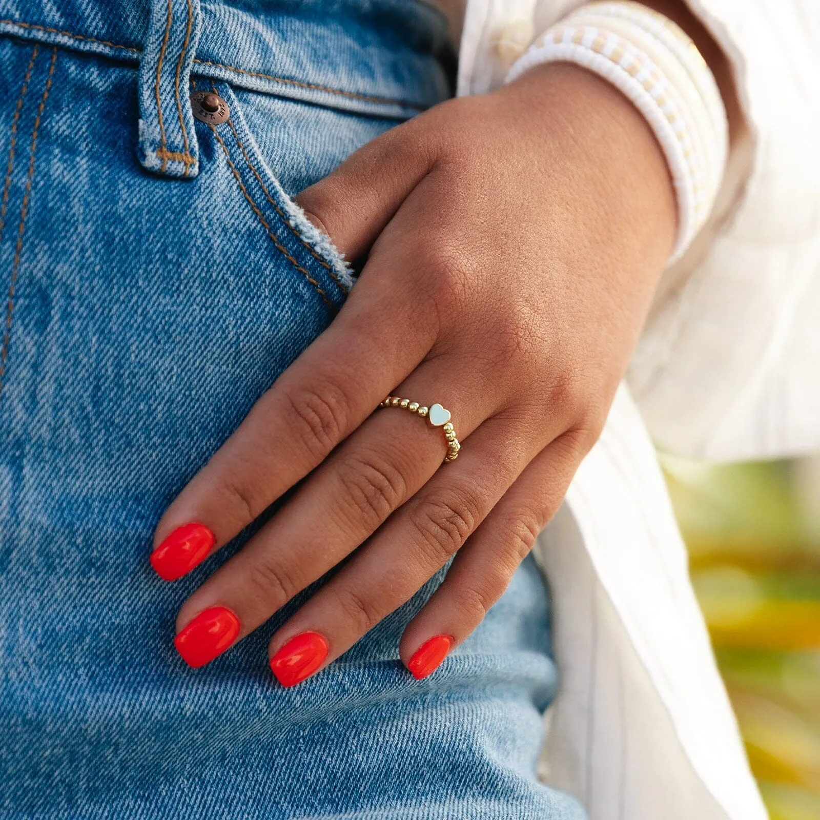 Gold Heart Bead Stretch Ring