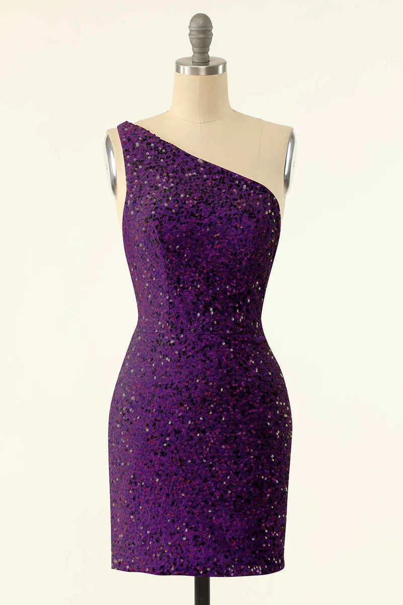 Pink Sequin One-Shoulder Backless Short Formal Dress