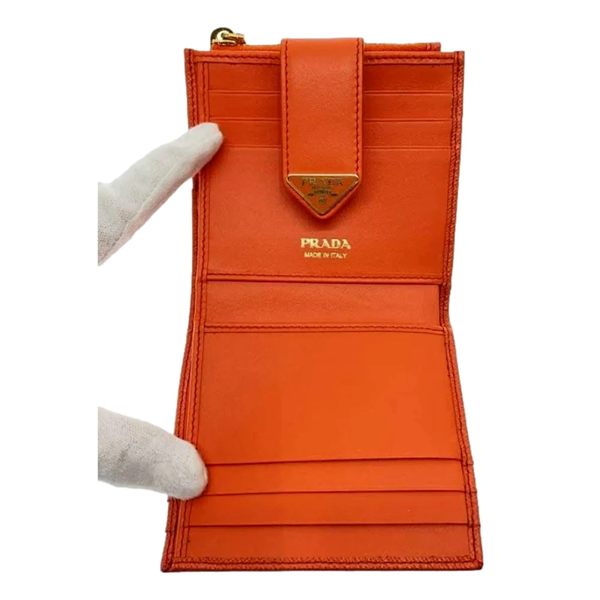 Prada Saffiano Smooth Leather Logo Card Holder Wallet Arancio Orange