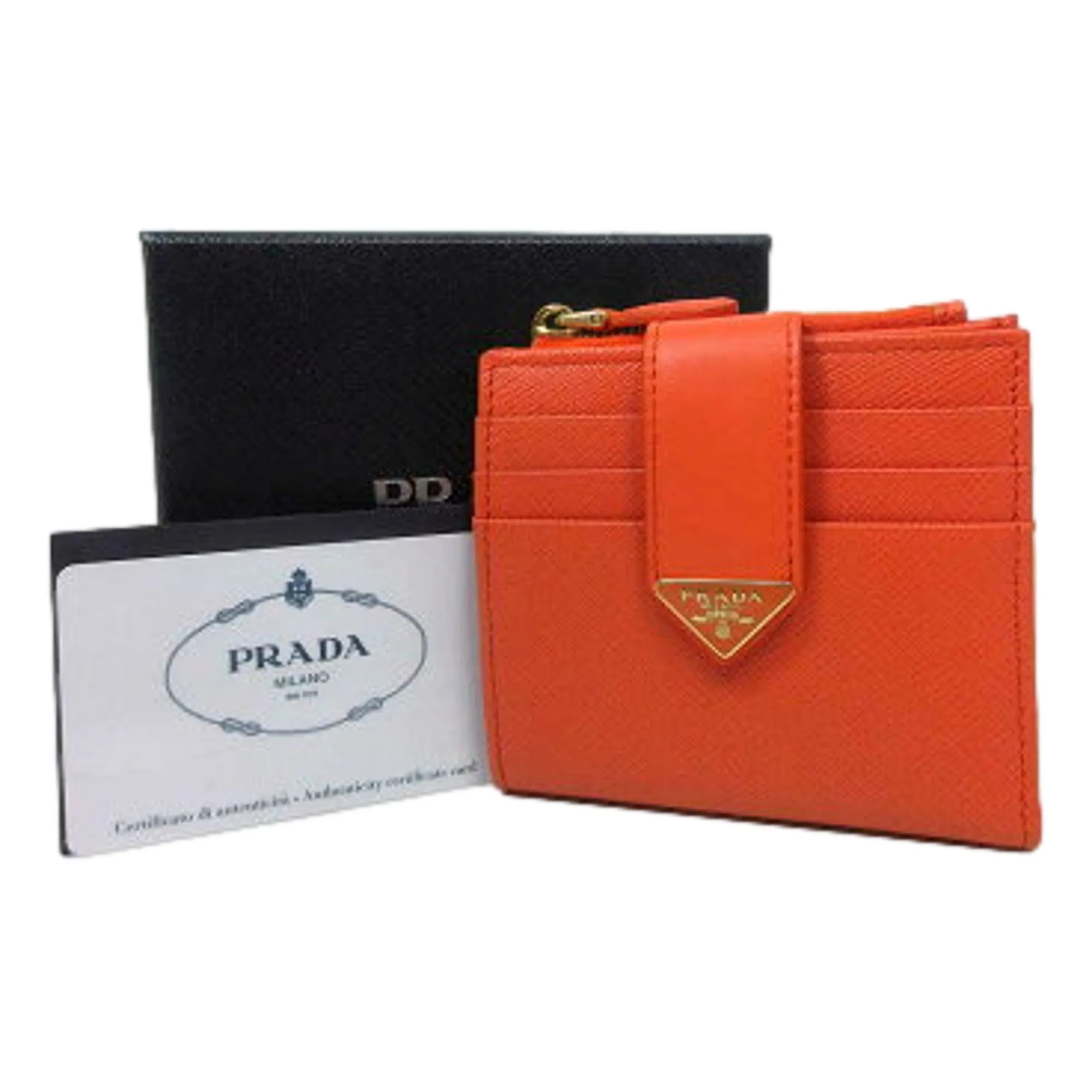 Prada Saffiano Smooth Leather Logo Card Holder Wallet Arancio Orange