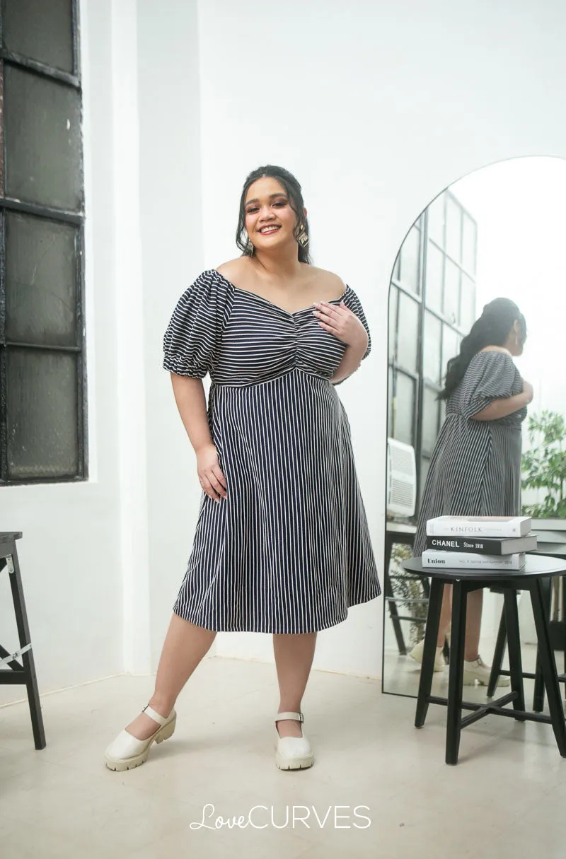 Ruched Empire Puff Sleeves Short Dress - Dark Blue Stripes