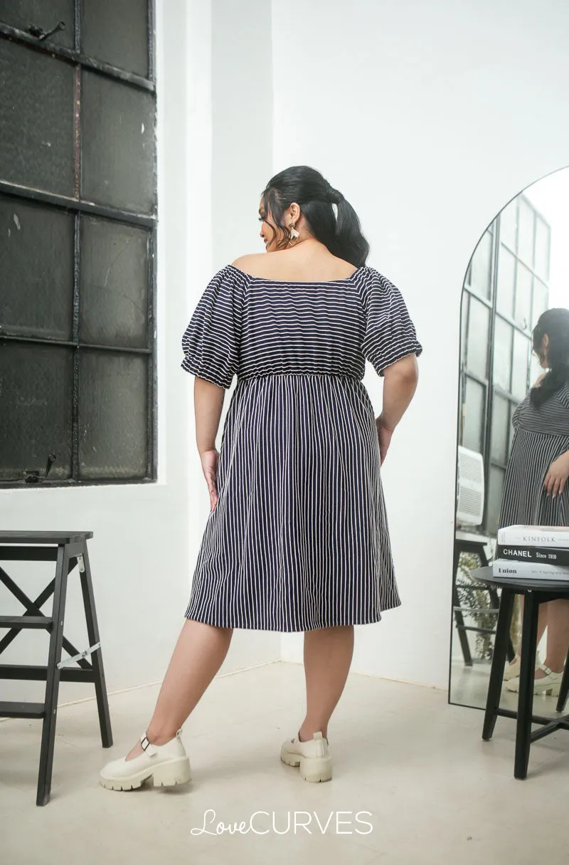 Ruched Empire Puff Sleeves Short Dress - Dark Blue Stripes