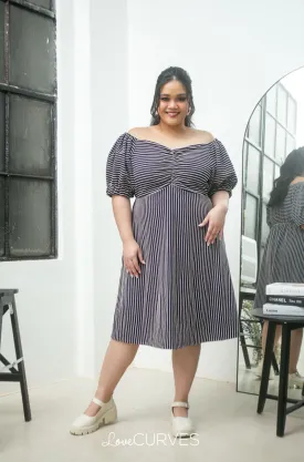 Ruched Empire Puff Sleeves Short Dress - Dark Blue Stripes
